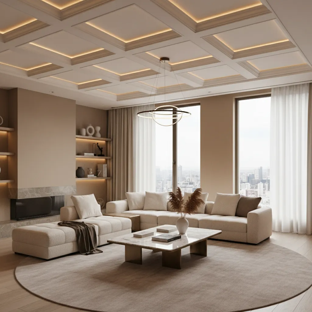 Modern luxury living room with elegant ceiling lighting and spacious layout