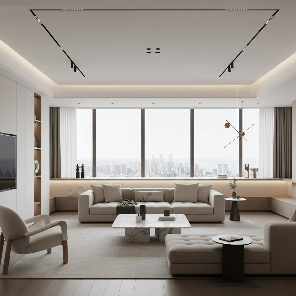 modern luxury living room with minimalist furniture and marble table