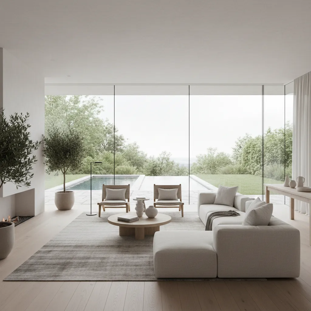 Salón moderno de lujo con espacio abierto y ventanales grandes