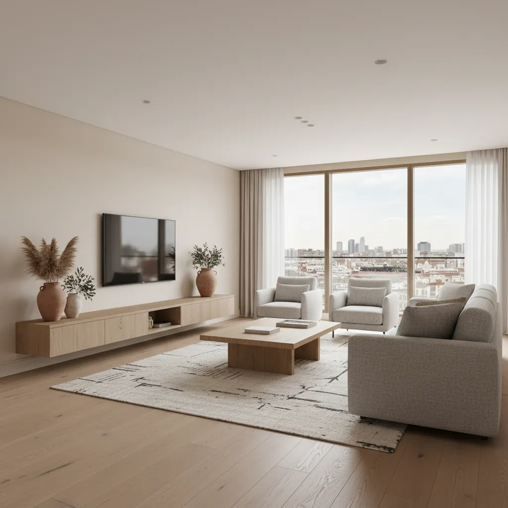 Living room with city view grey sofa two armchairs wooden coffee table and wall cabinet