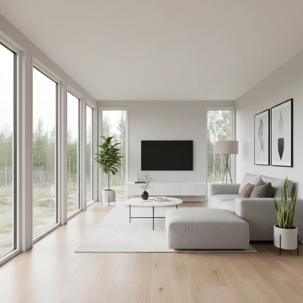 bright modern living area inside a manufactured home with large windows