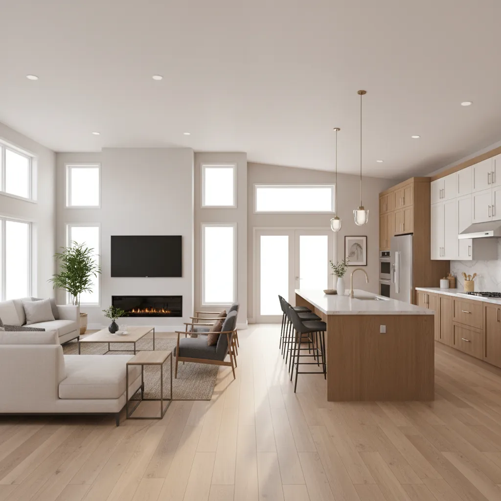 Open concept manufactured home living room kitchen layout