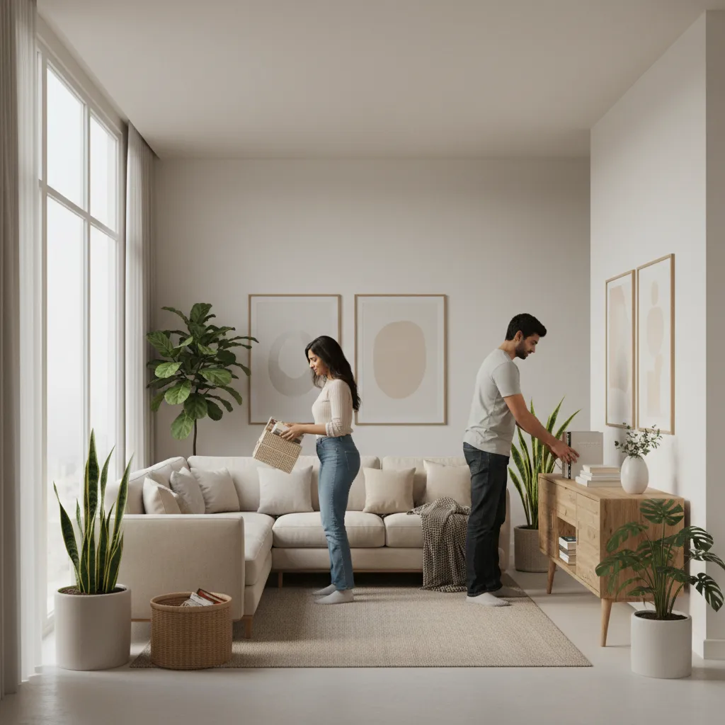 Modern Maharashtrian family living room representing shared household roles