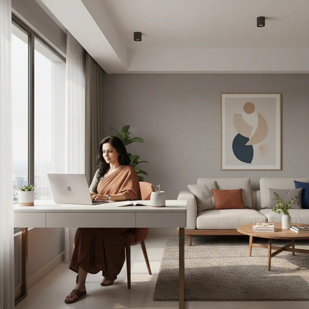 Modern Maharashtrian homemaker working from a home workspace