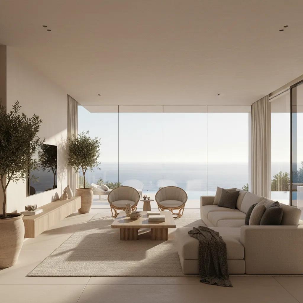 Salón moderno con ventanales grandes en una villa de Marbella