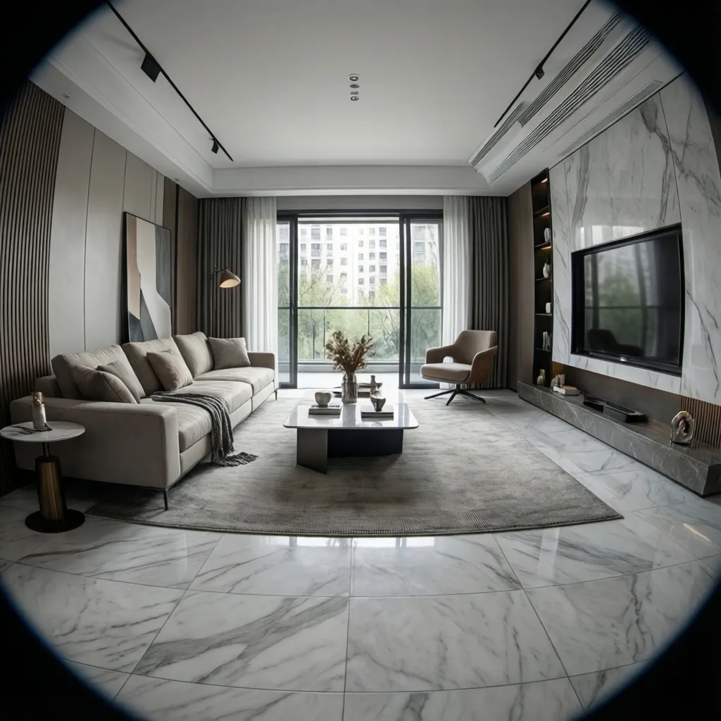 Modern living room with marble look porcelain tile flooring and minimalist decor