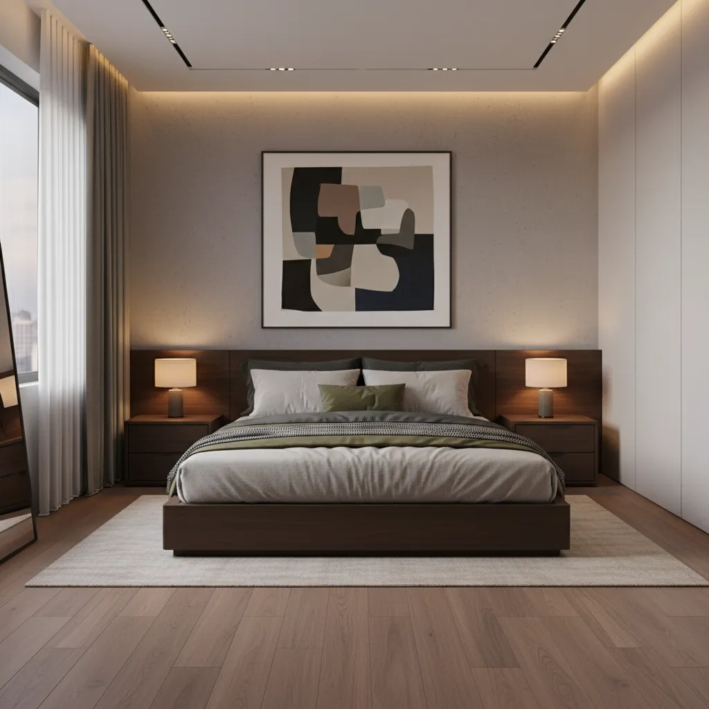 Modern masculine bedroom layout with platform bed and minimal decor