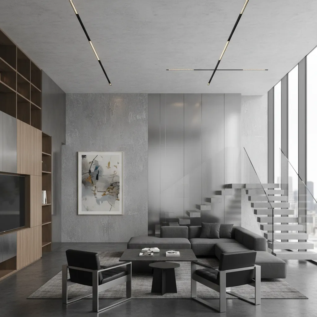 Interior contemporáneo con microcemento, metal y vidrio