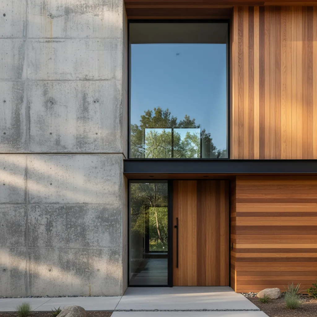 Detalle de arquitectura moderna con hormigón, madera y vidrio