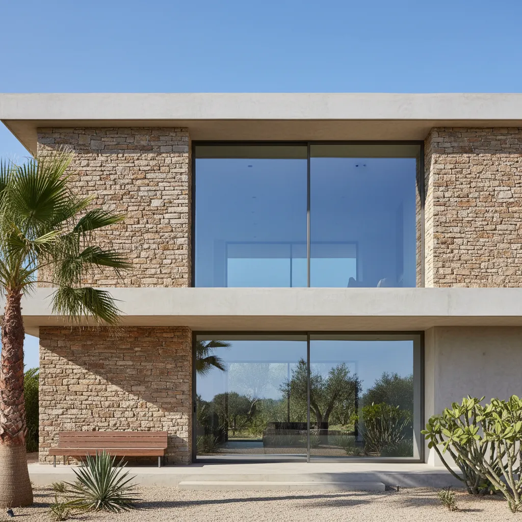 Modern two story stone house with large windows palm tree and a comfortable outdoor wooden bench