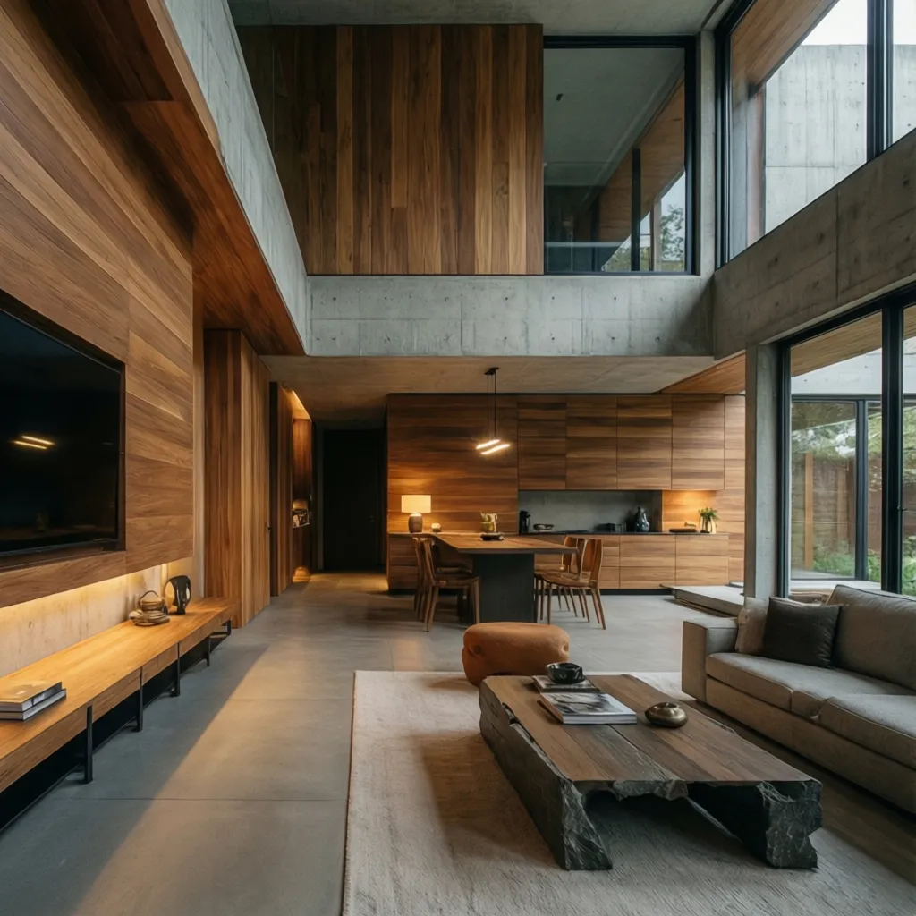 Interior moderno combinando madera, piedra y hormigón