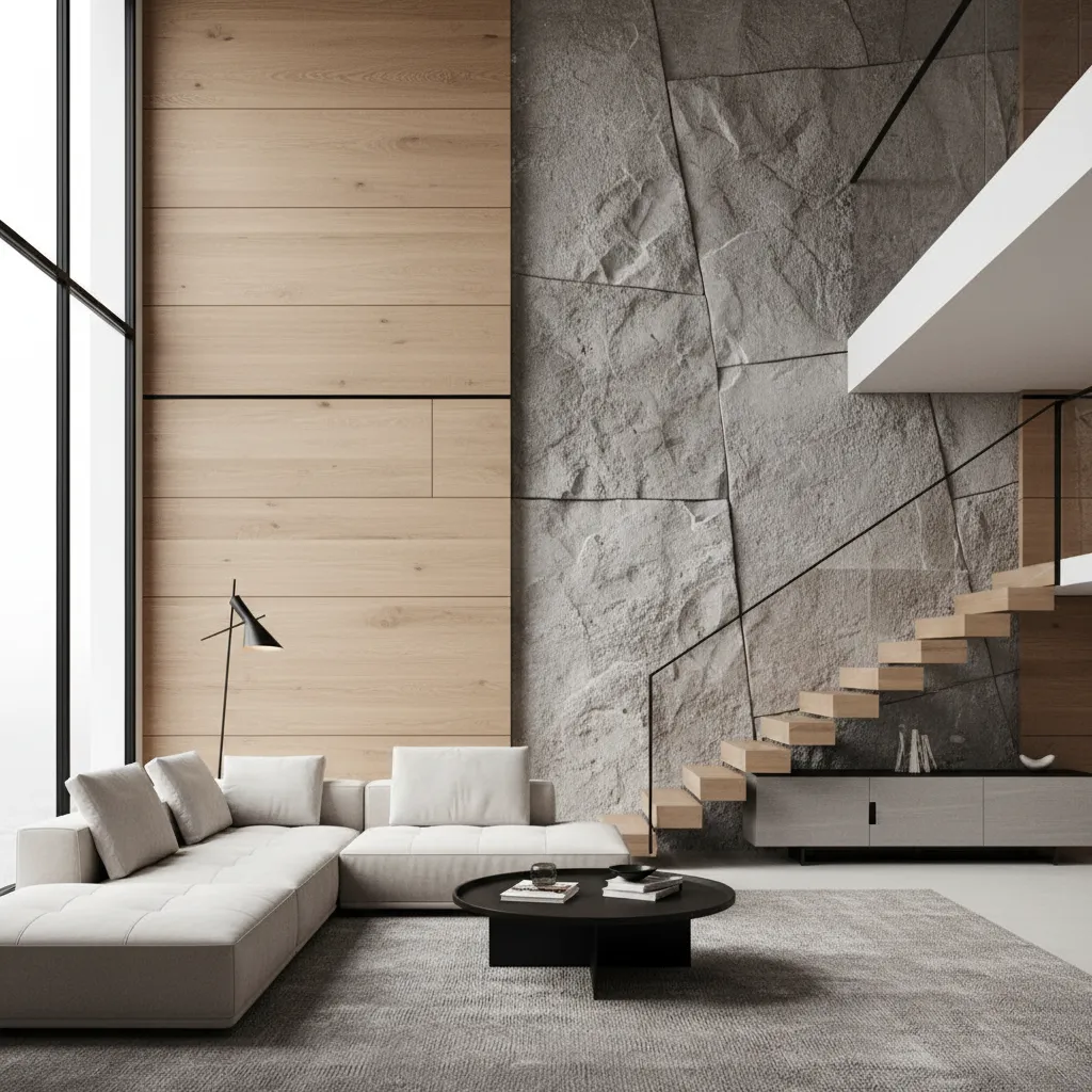 Interior moderno con madera, piedra y metal negro