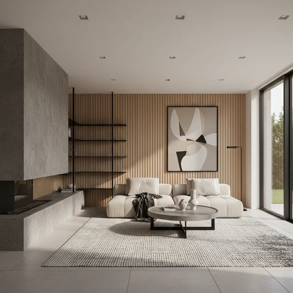 Interior moderno con madera natural, piedra y metal negro