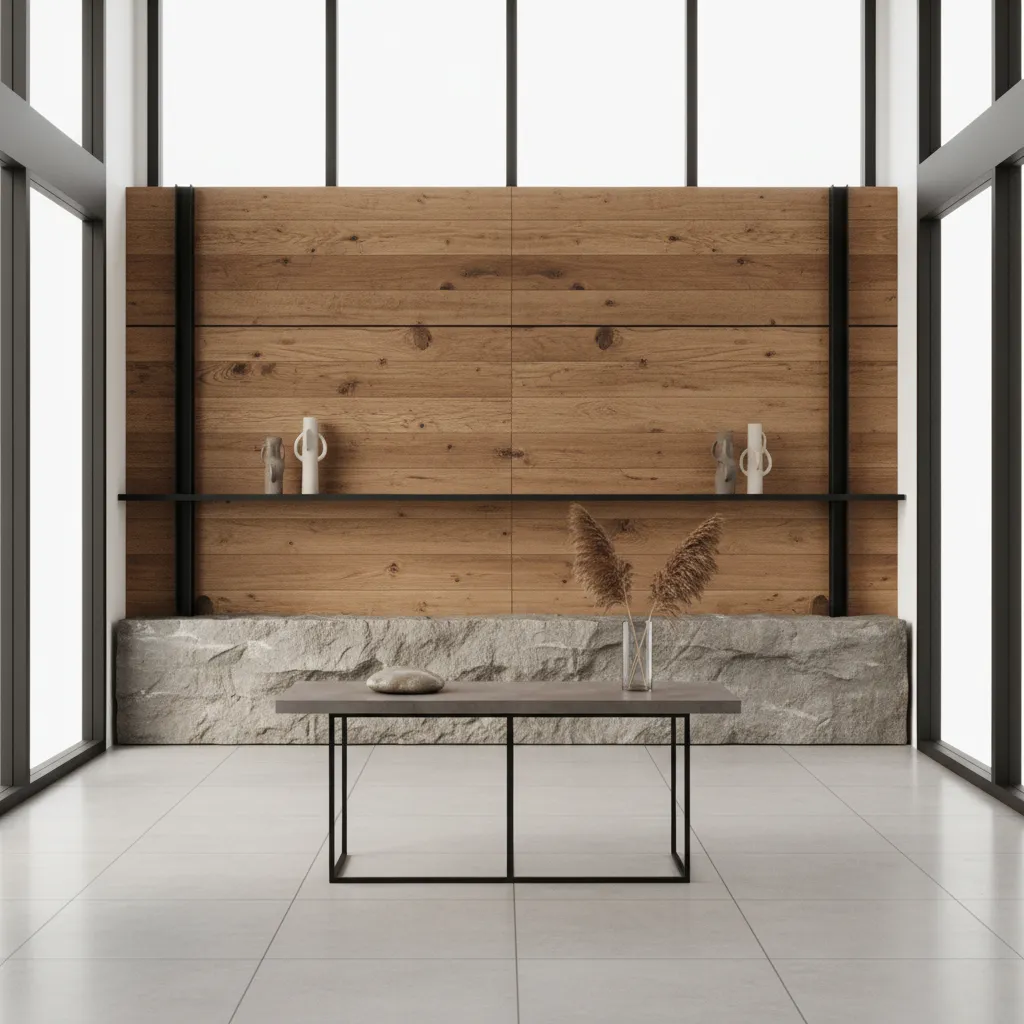 Interior moderno con madera, piedra y metal