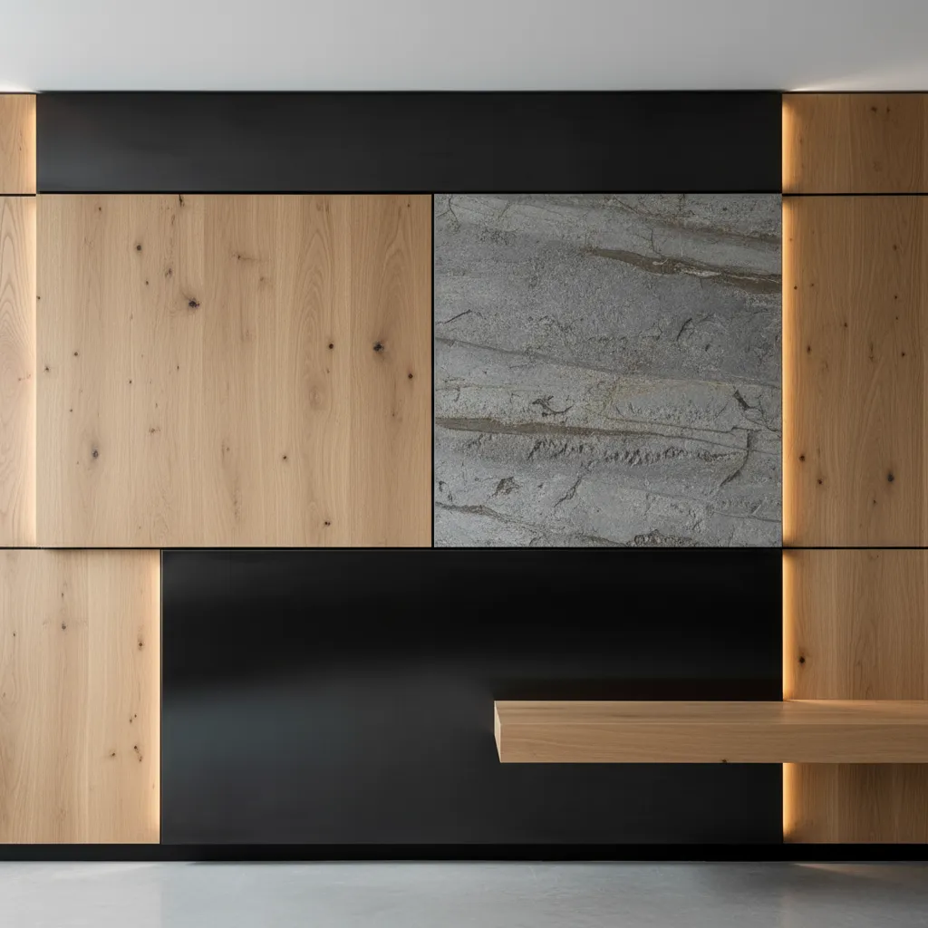 Interior wall panel design with light wood grey stone black metal and warm hidden light