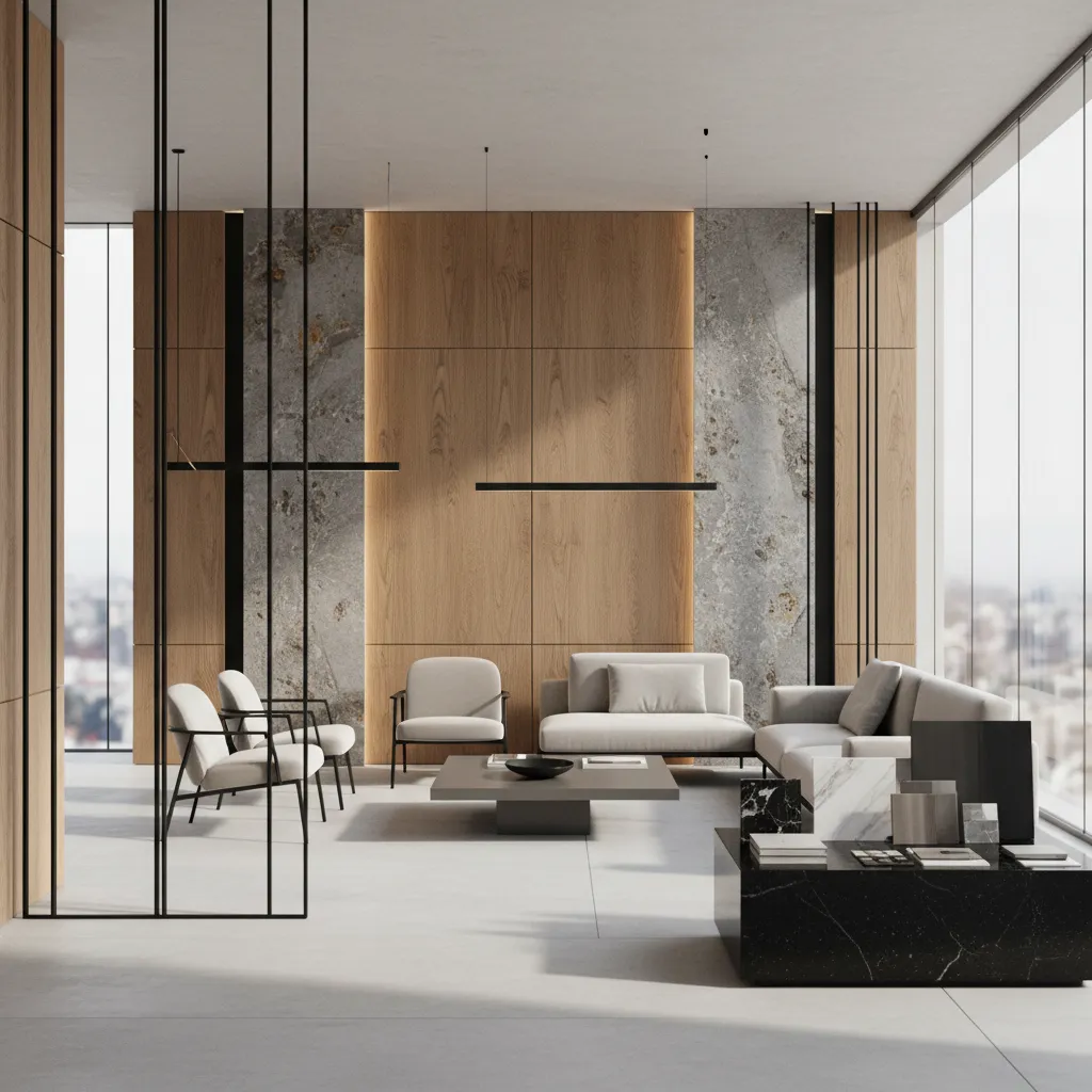 Interior moderno con madera, piedra y metal negro
