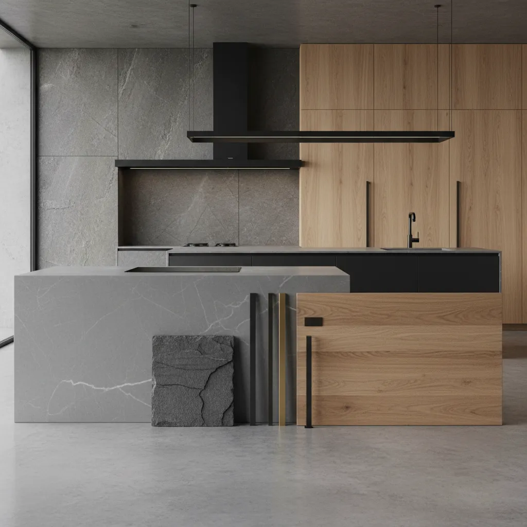 Modern kitchen design showing grey stone island wooden cabinets black light fixture and various materials