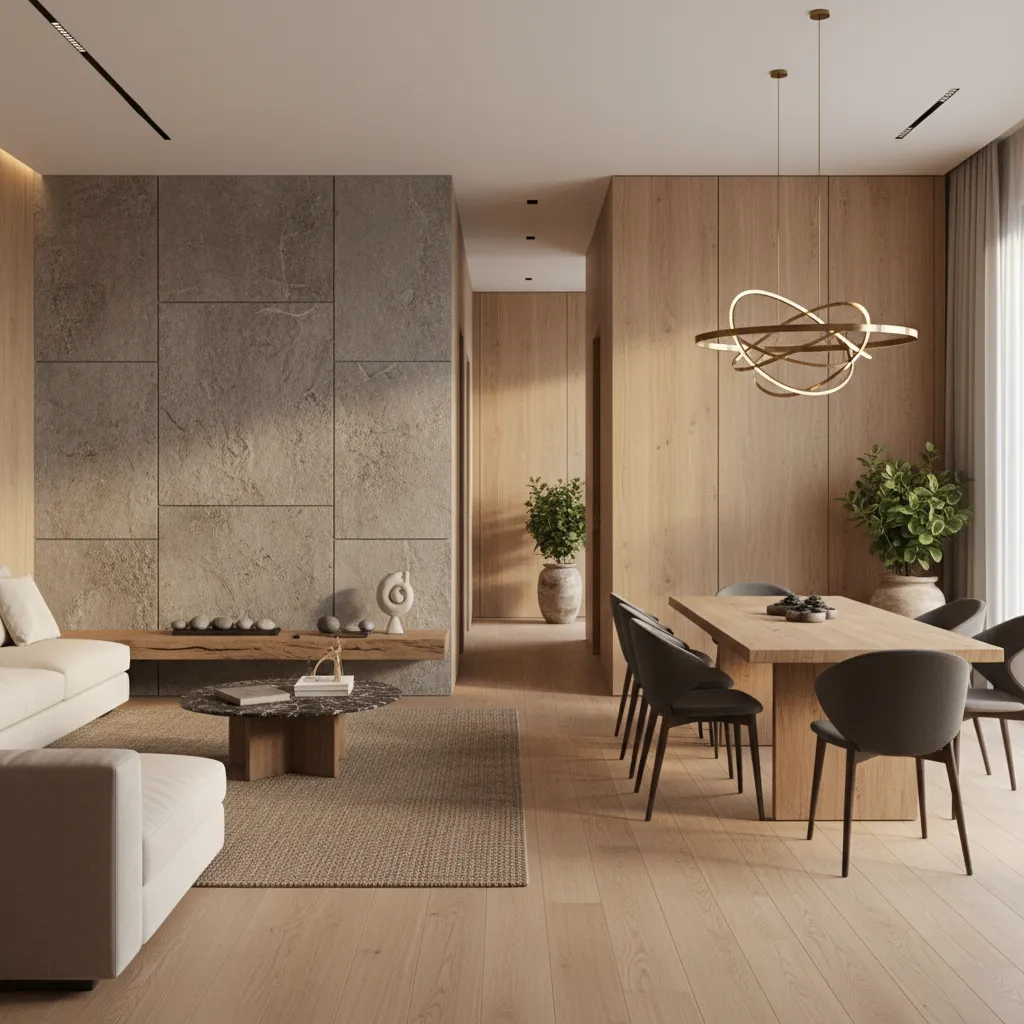 Materiales modernos en interior de piso con madera y piedra