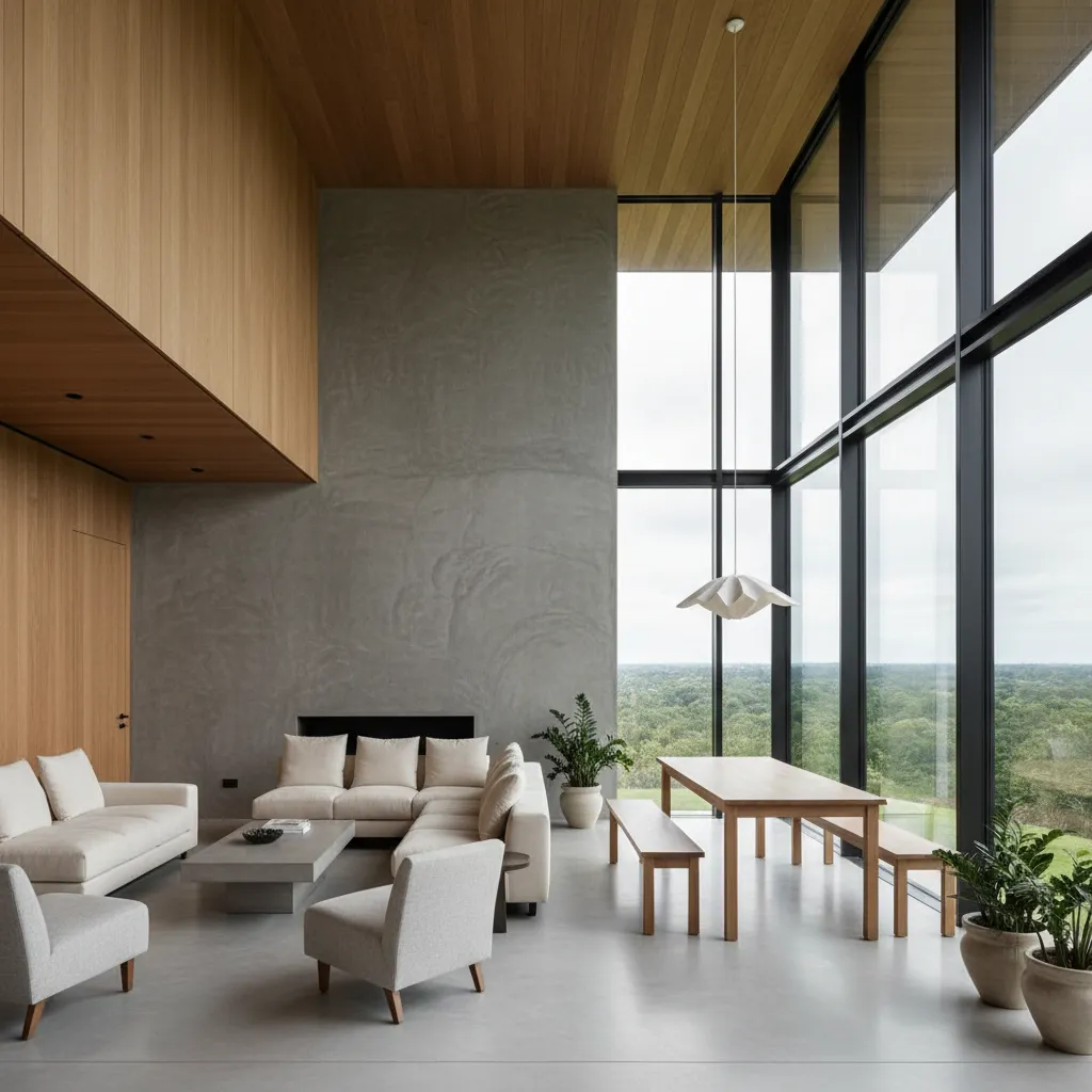 Interior moderno con madera hormigón y grandes ventanales