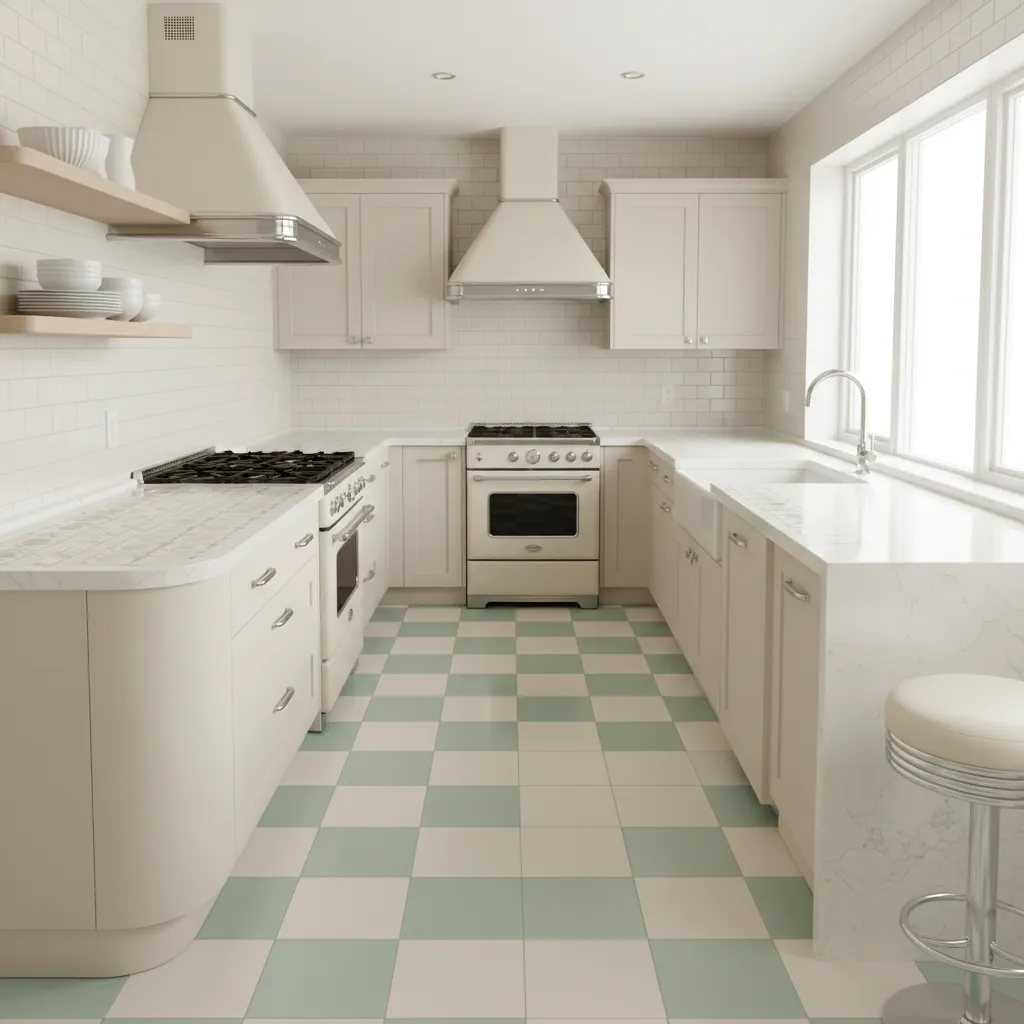 modern kitchen using quartz counters and vinyl flooring that mimic 1930s design