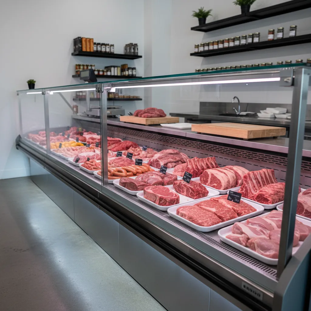 Modern glass display counter filled with fresh raw meat cuts in a clean butcher shop