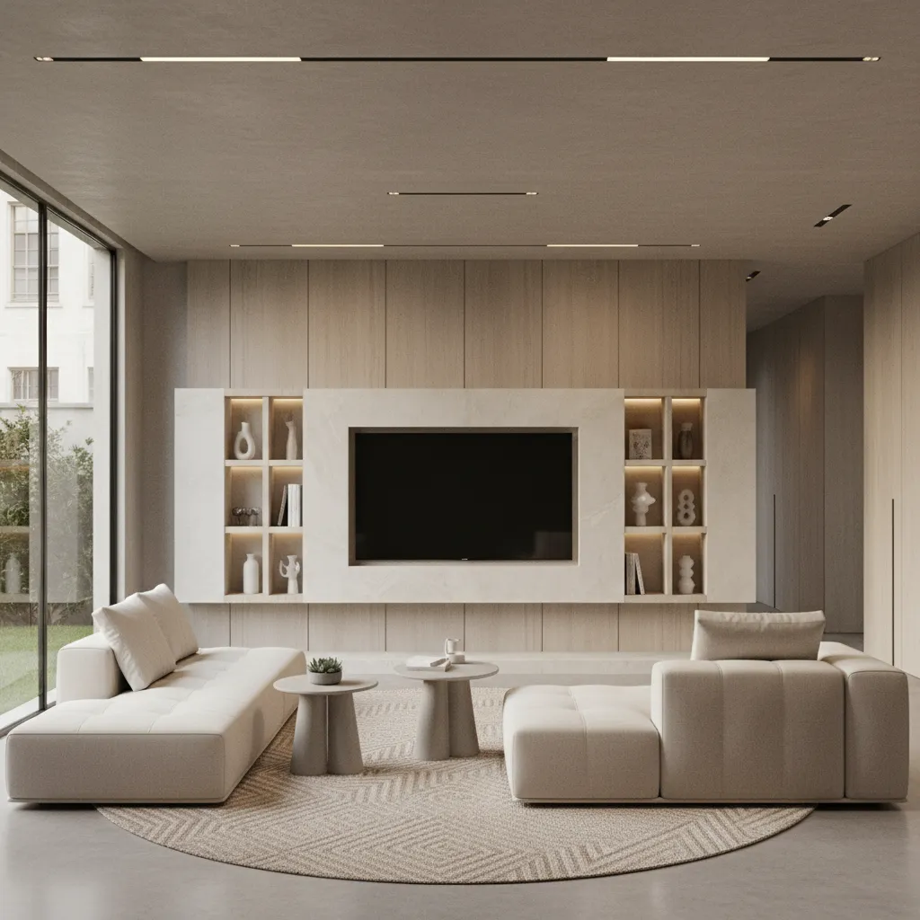 modern living room with large TV feature wall and integrated shelving