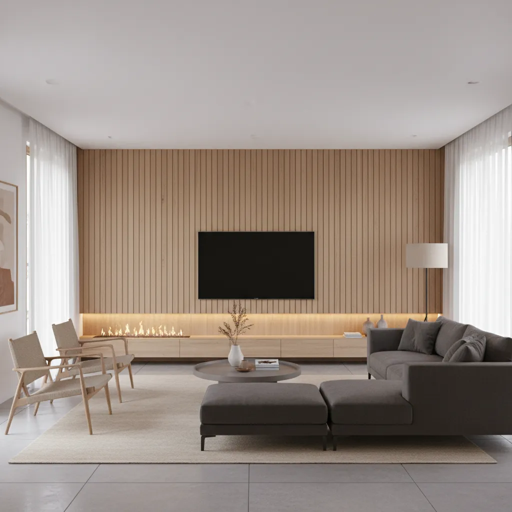 Modern living room media wall with wood panels and integrated TV design