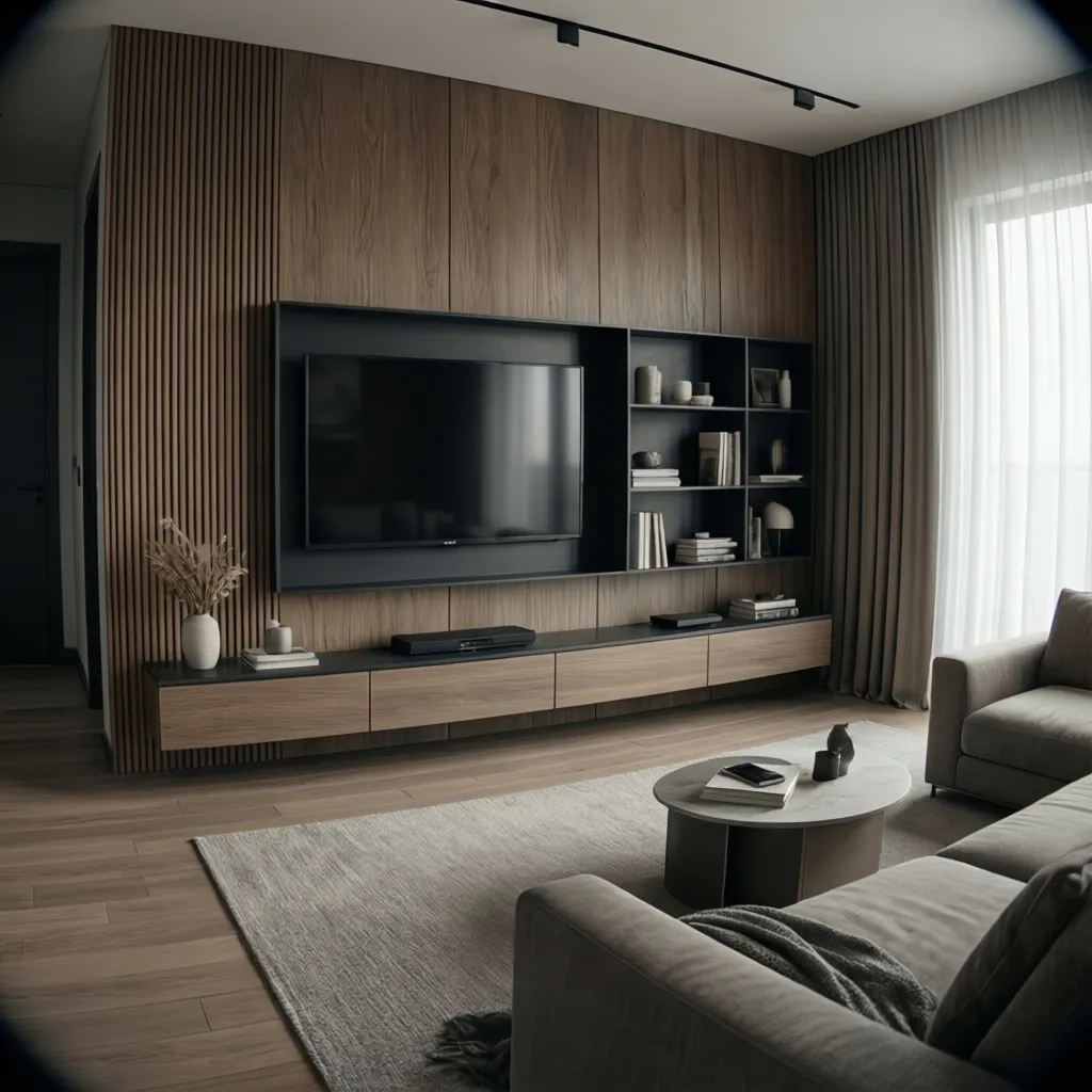 Contemporary media wall with wall panels and mounted TV in a small living room