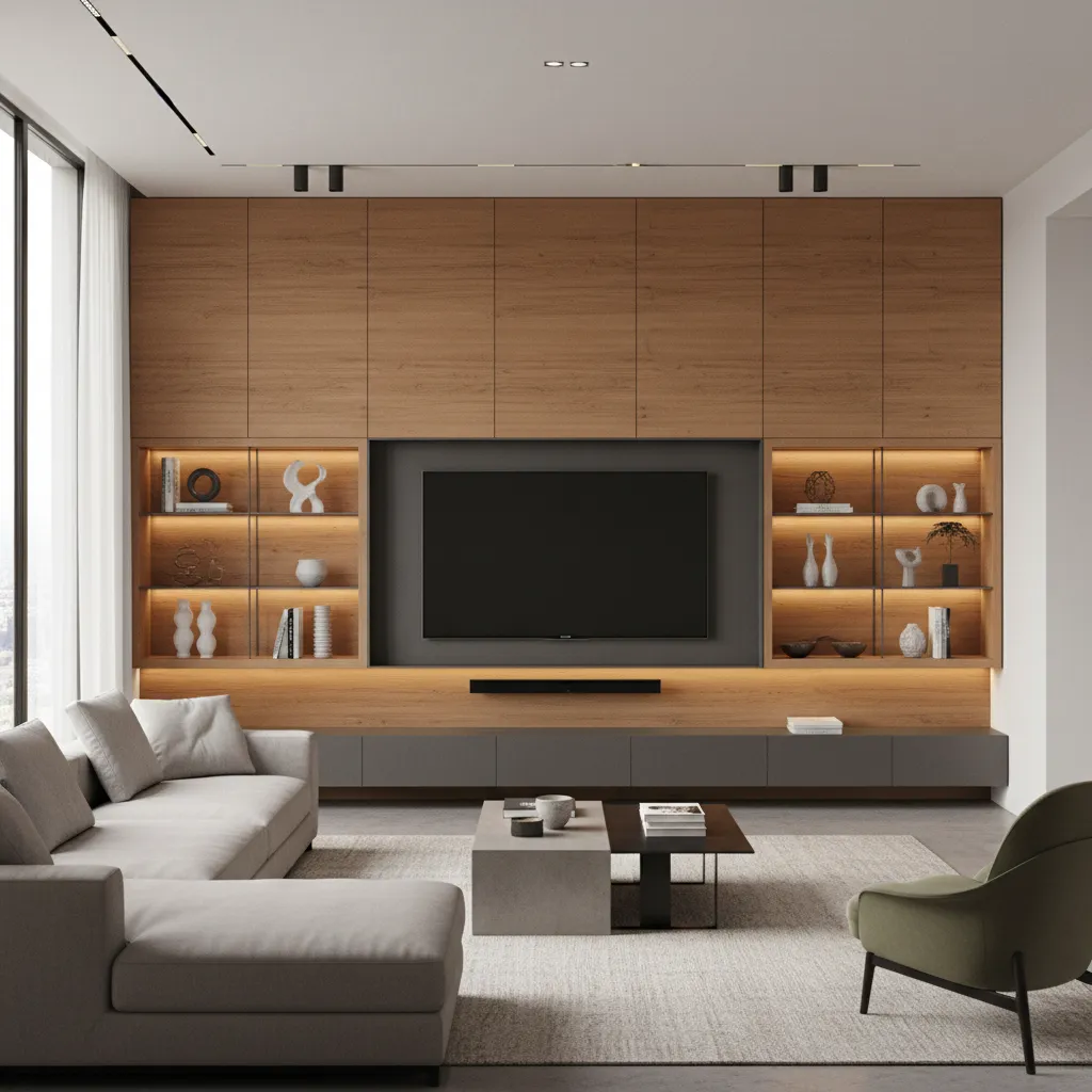 Large wooden wall cabinet design with television, integrated glass shelves, grey sofa, and green chair