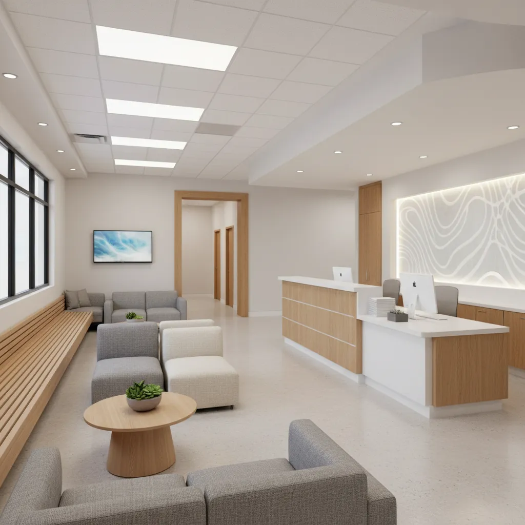 modern medical office waiting room with reception desk and patient seating
