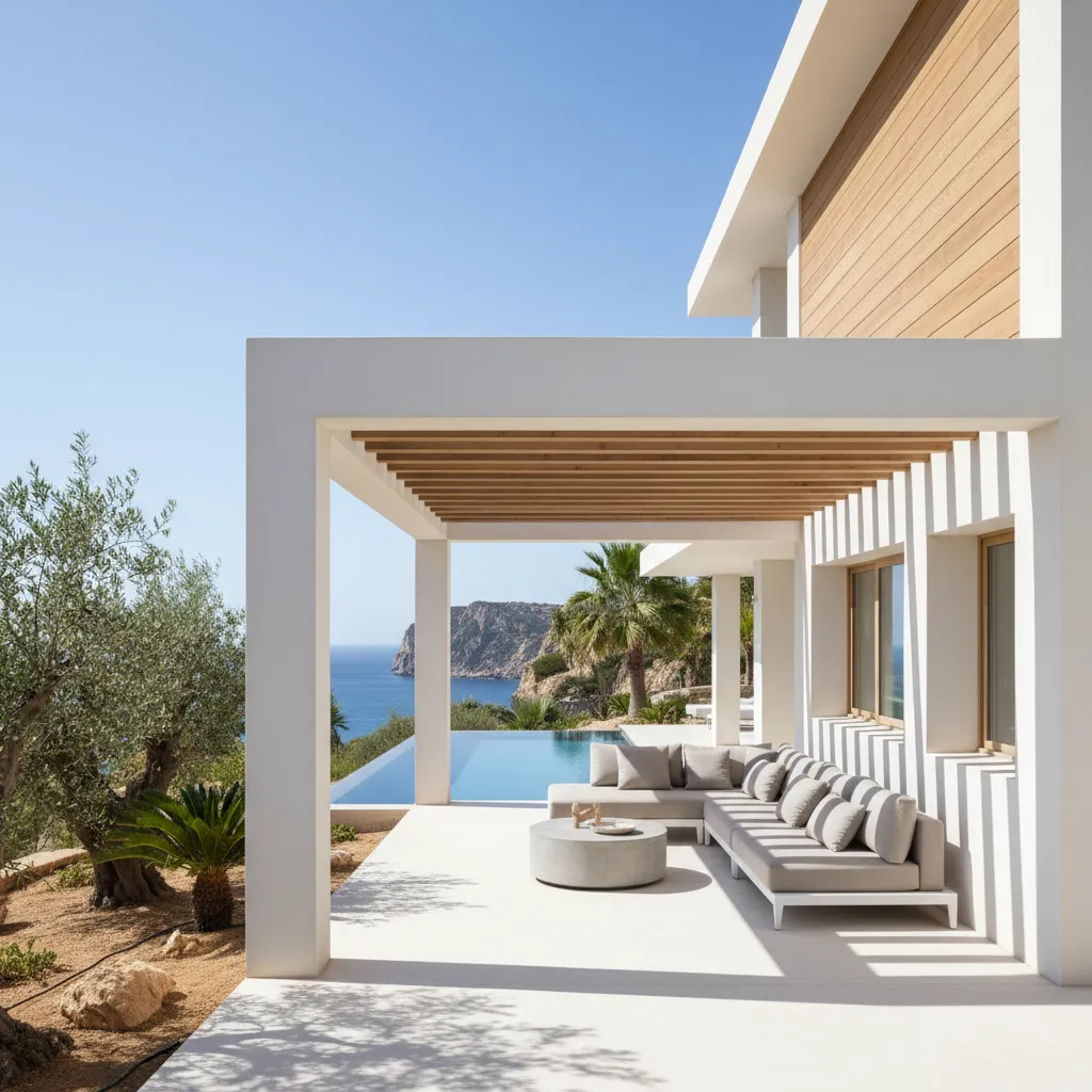 Casa moderna mediterránea con pérgola y protección solar