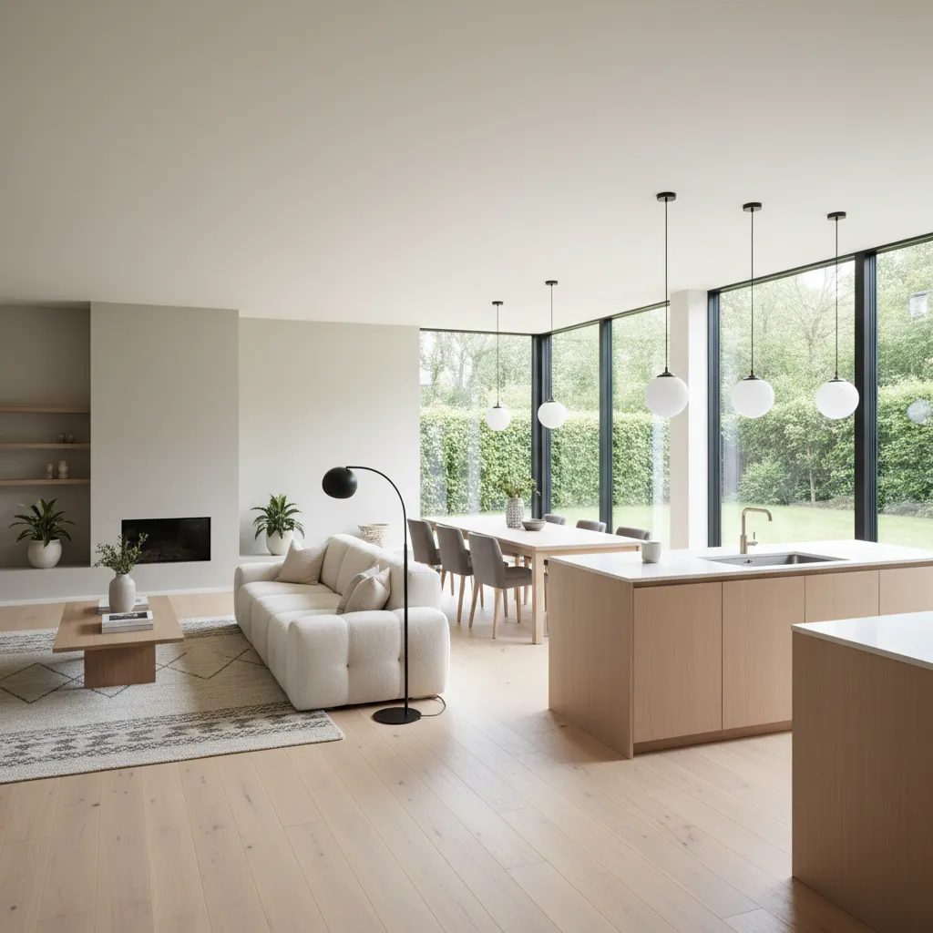 Interior de casa mediana moderna con cocina y salón abiertos