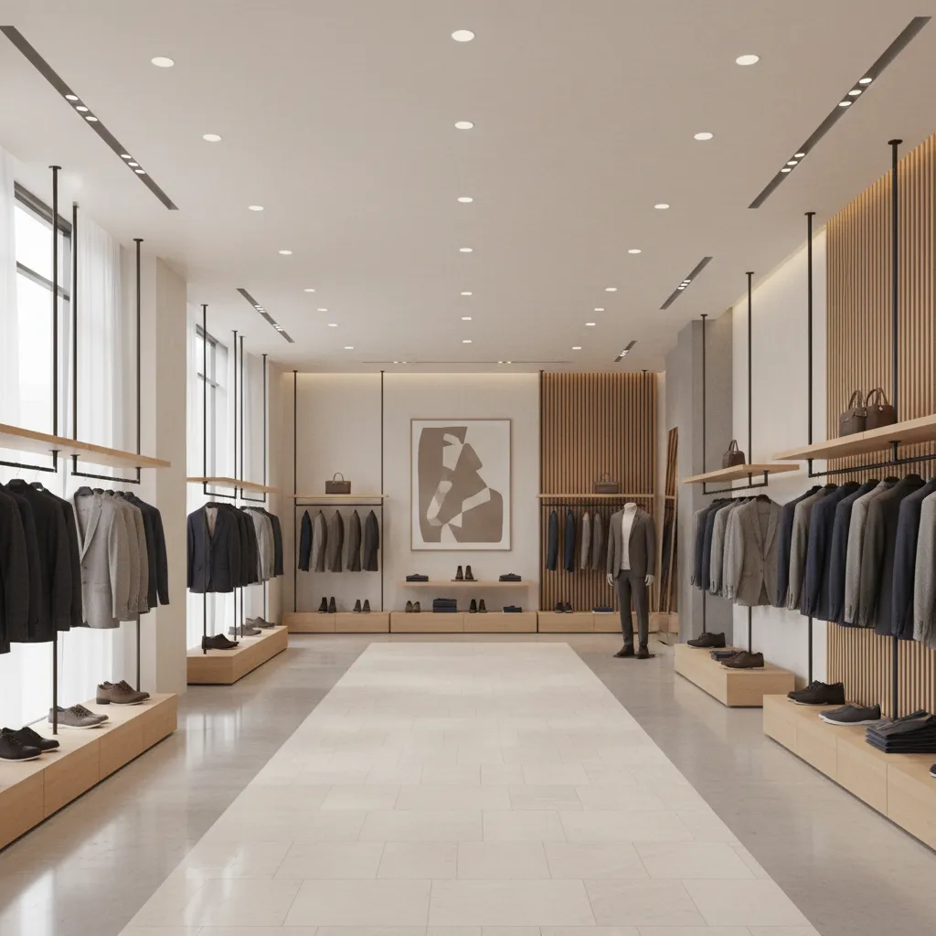 Minimalist menswear boutique interior with clean displays and clothing racks