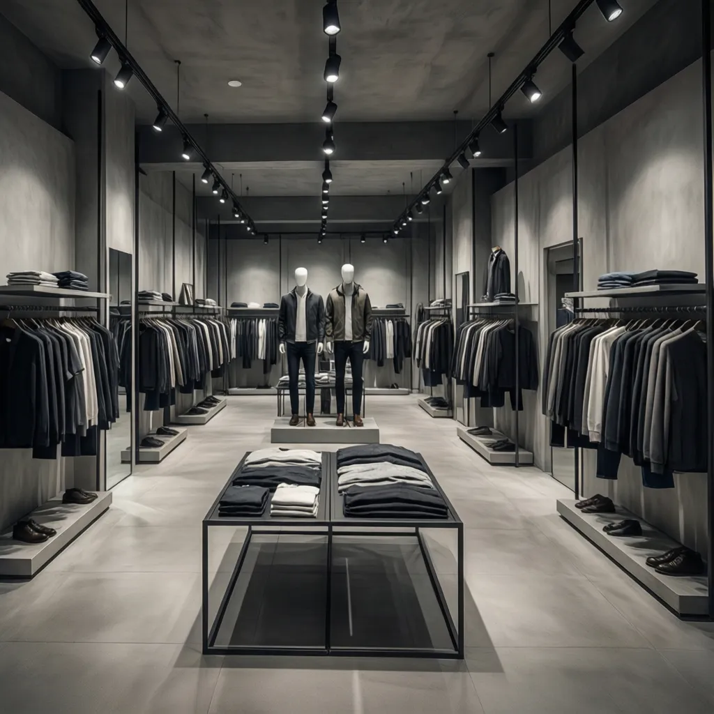 Modern menswear boutique layout with track lighting and open product display zones