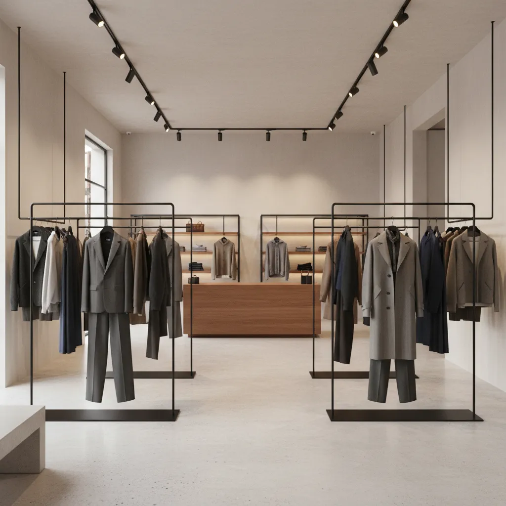 Minimalist modern menswear boutique interior with metal racks and bright lighting