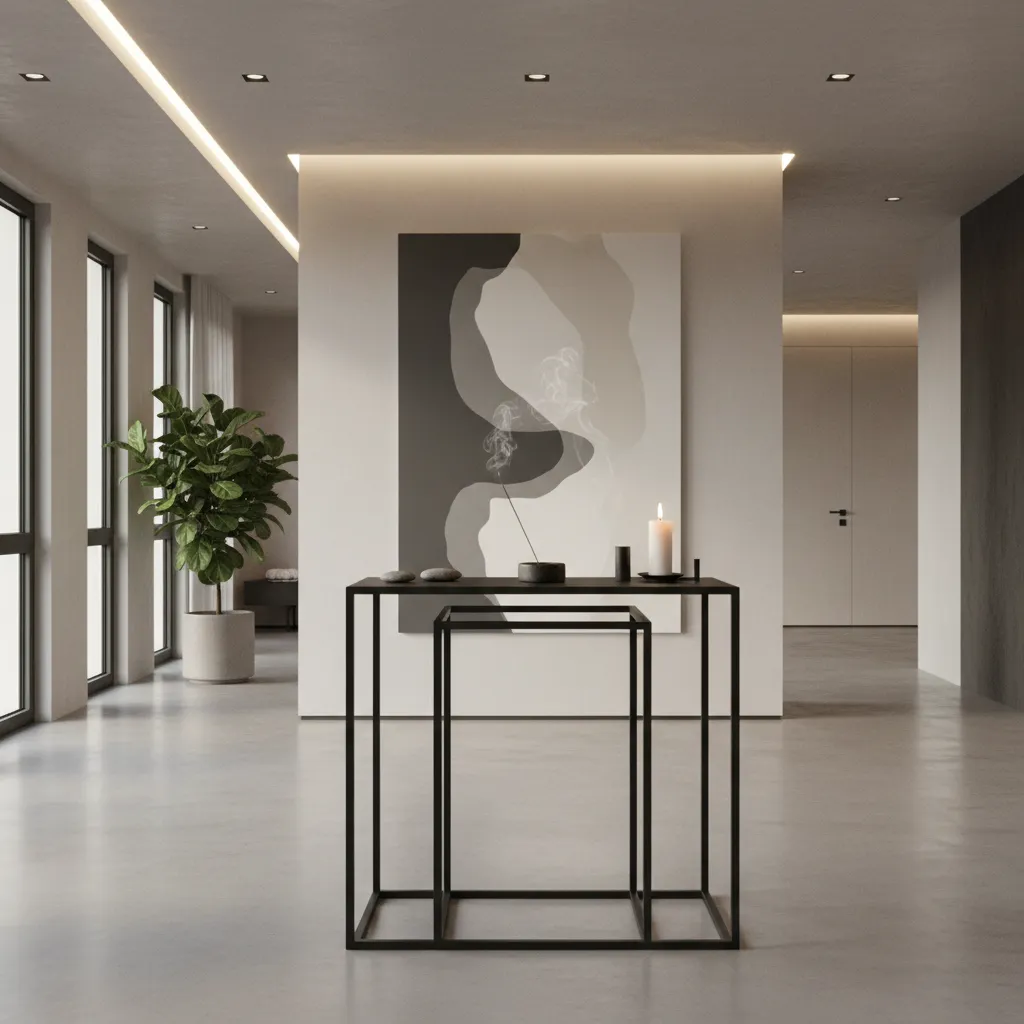 minimalist metal altar table in a modern apartment interior