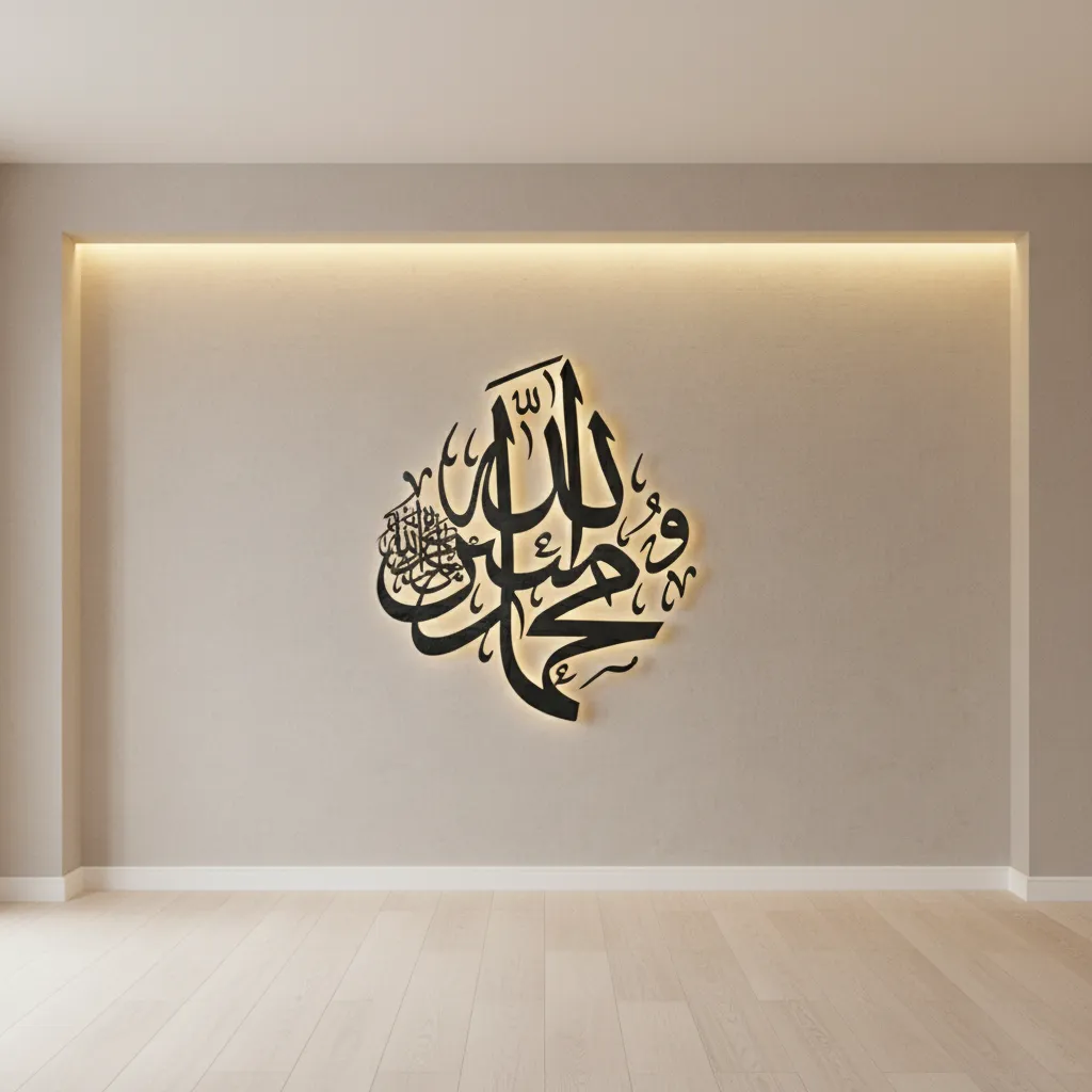 Modern metal Ayatul Kursi calligraphy wall art in minimalist interior
