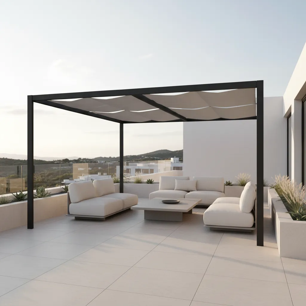 Minimalist metal frame balcony canopy covering a terrace seating area