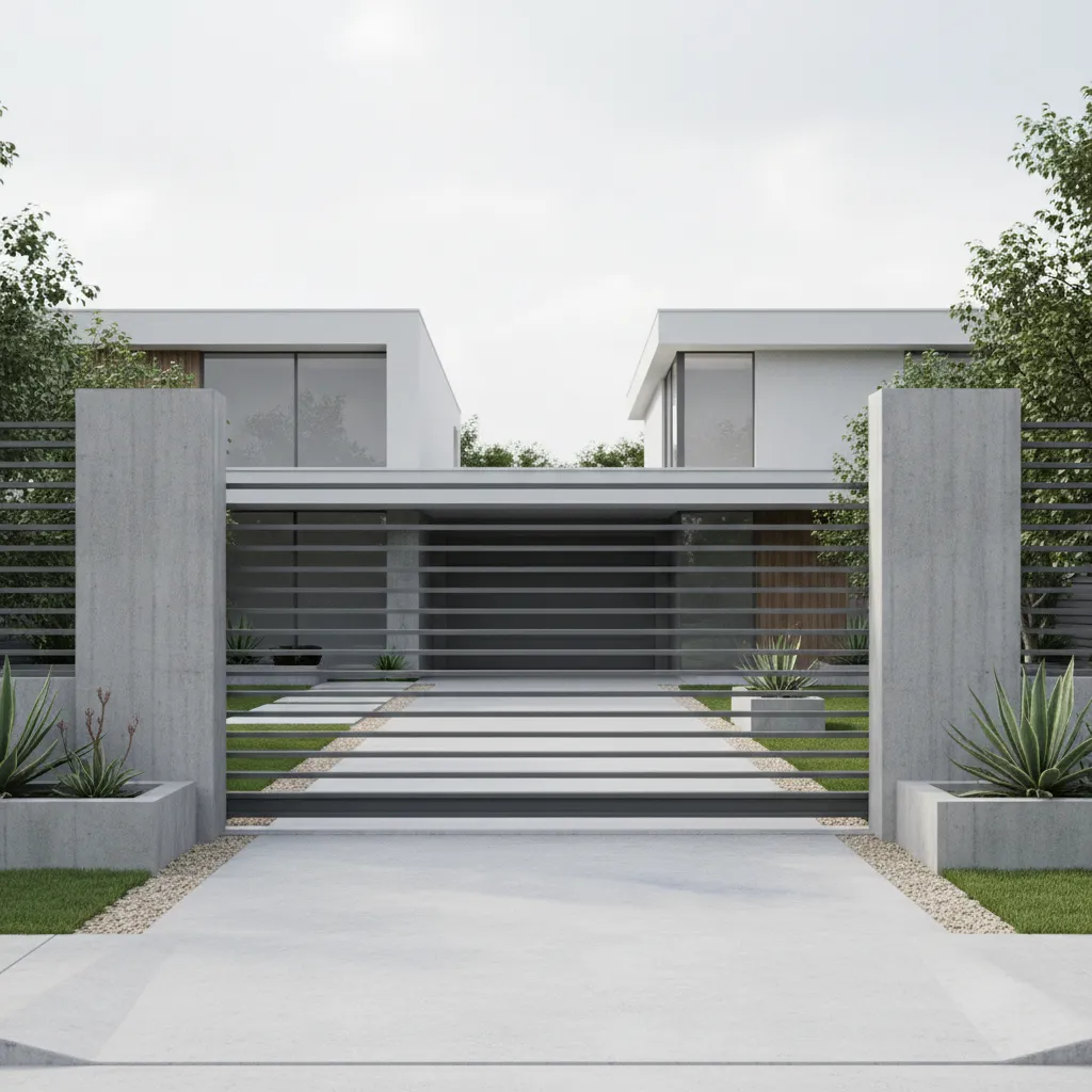 modern metal compound wall with horizontal steel panels and concrete columns