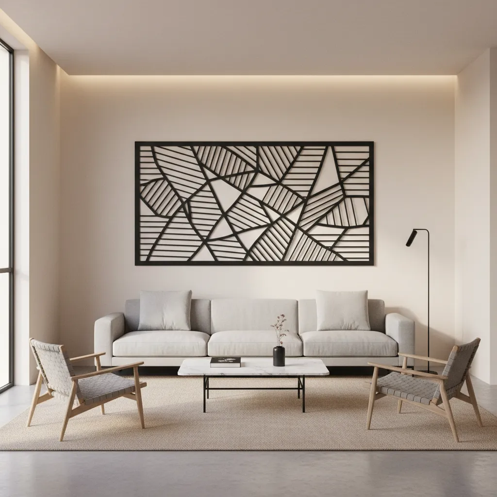 large metal cutout wall decor panel above a modern sofa