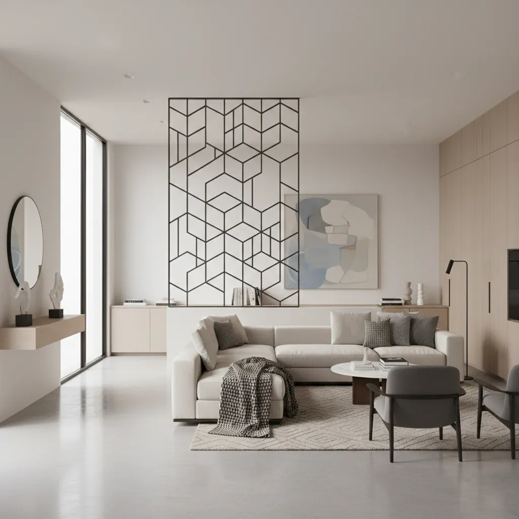 Contemporary metal grill divider on half wall separating entry and living area