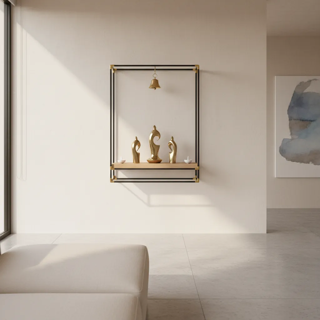 Minimalist metal frame pooja mandir in a contemporary home interior