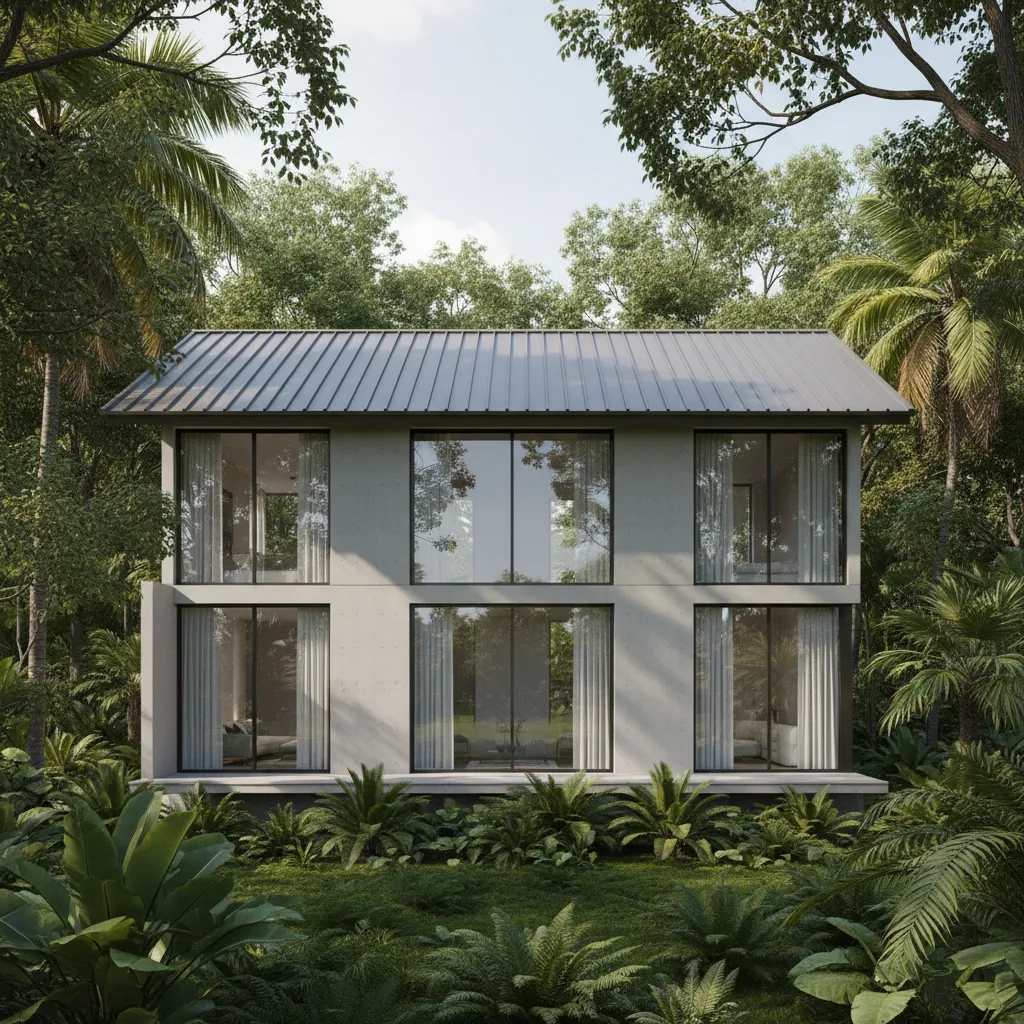 Modern two story house with grey metal roof large windows and green tropical garden trees