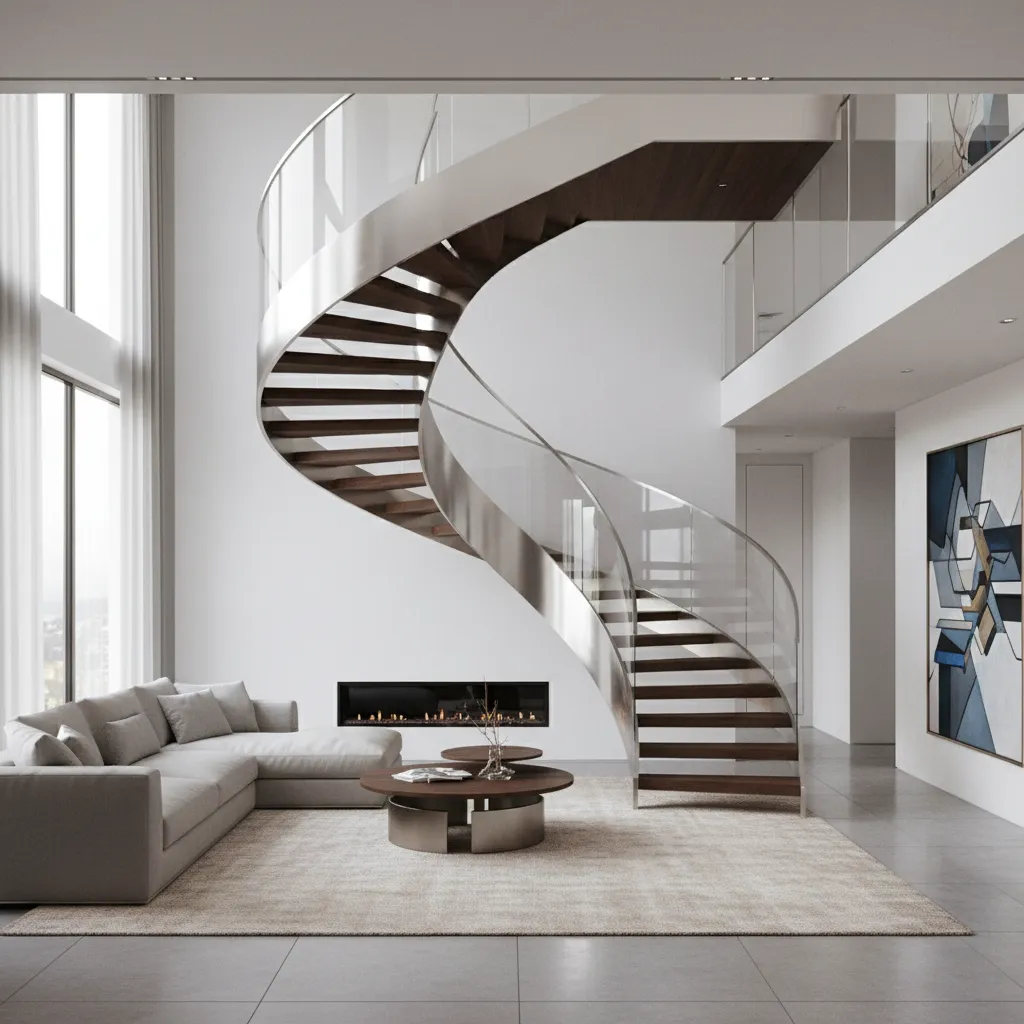 Escalera metálica moderna integrada en sala de estar