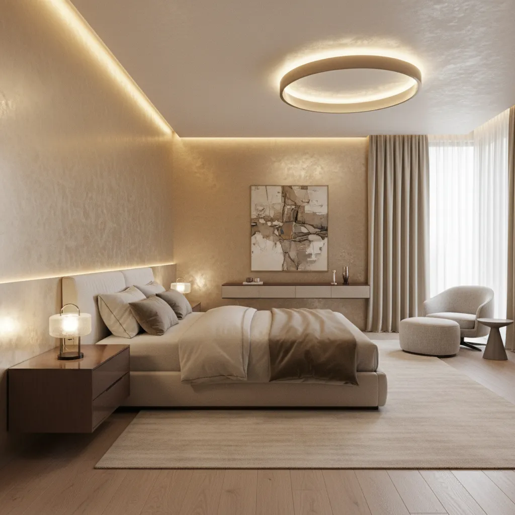 Modern bedroom with soft champagne metallic wall and minimalist decor