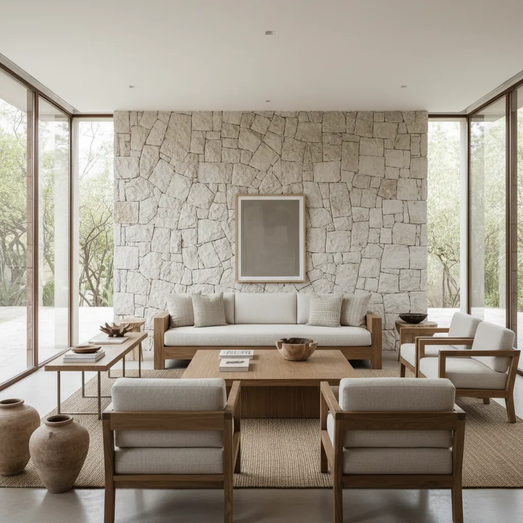 Sala contemporánea con materiales naturales típica del diseño interior mexicano moderno