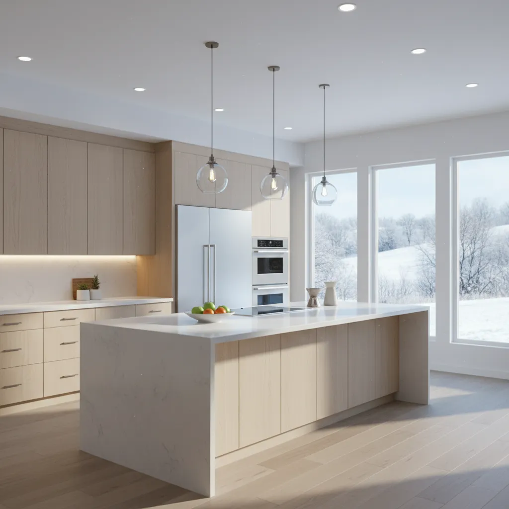 Modern Michigan kitchen with island lighting and quartz countertops