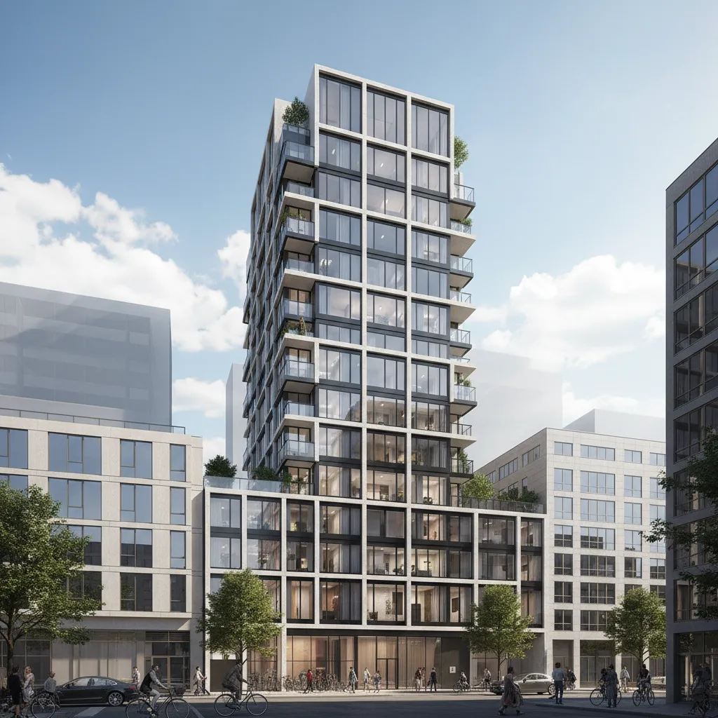 Modern residential building with multiple micro apartment units in dense city