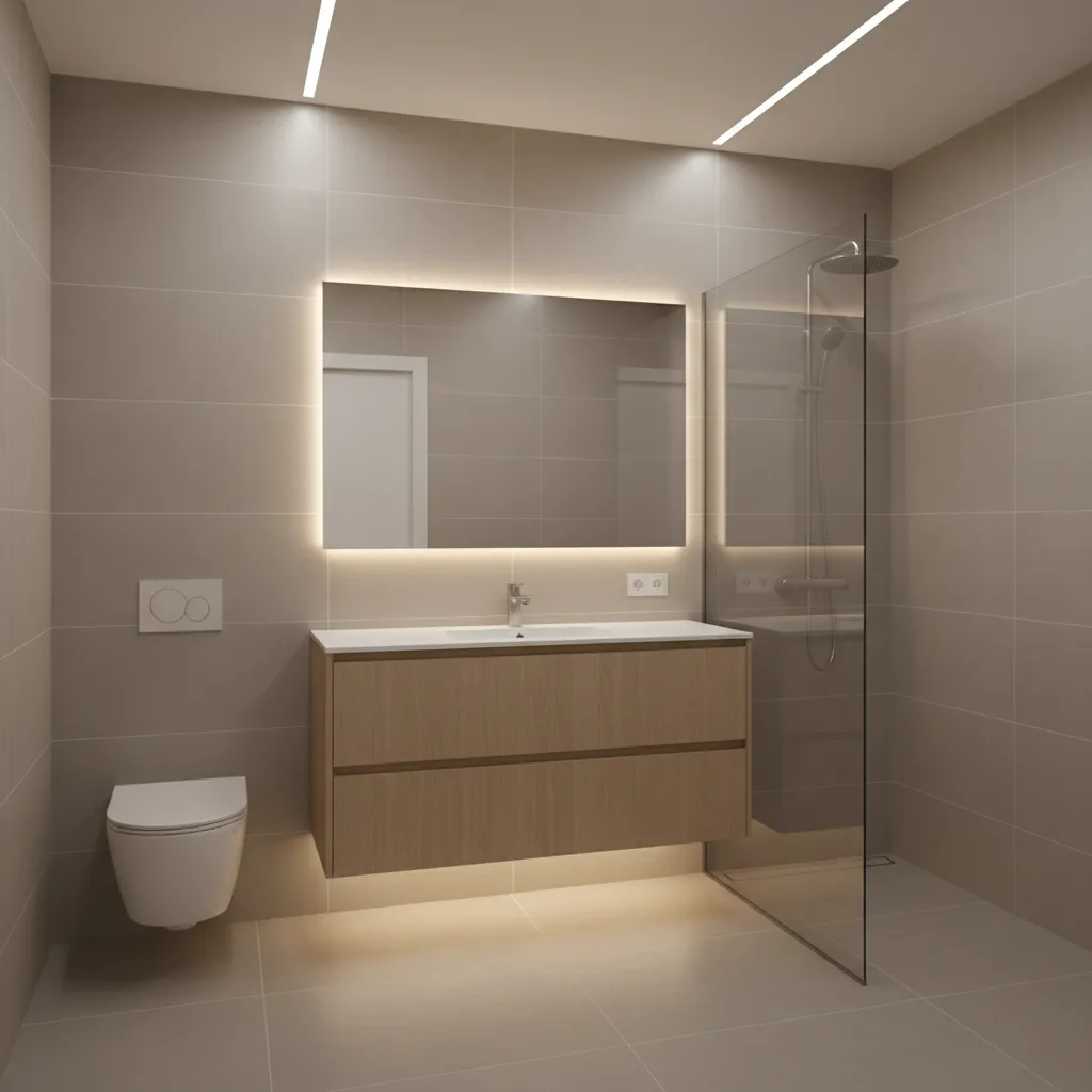 clean modern bathroom layout with floating vanity and neutral tiles