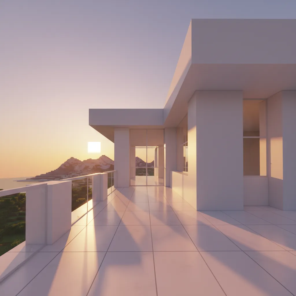 Modern Minecraft balcony using quartz slabs and glass pane railing